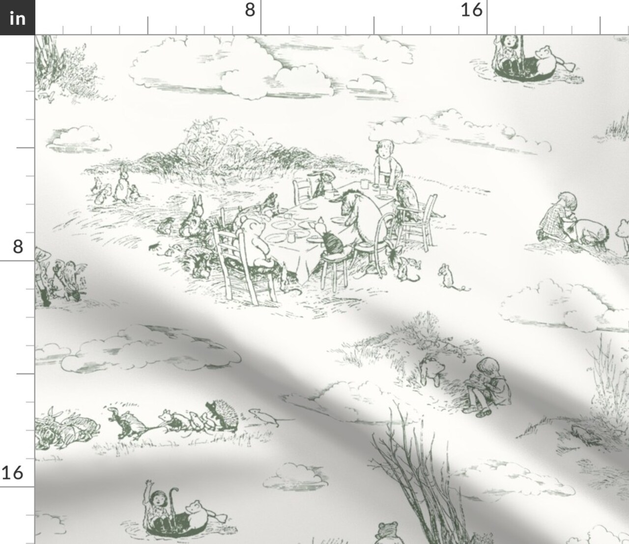 Dusty Green Winnie The Pooh Vintage Storybook Gender Neutral Baby Hundred Acre Woods Custom Printed Fabric by Spoonflower Various Fabrics by the Yard or Fat Quarter